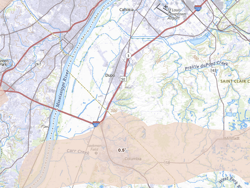 Radar-estimated hail-size map of the storm over East Carondelet, IL on Apr 26, 2026