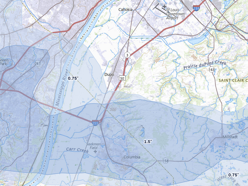 NEXRAD radar-signature map of the hail over East Carondelet, IL