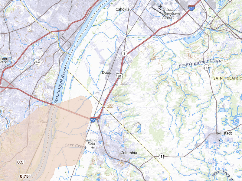 Radar-estimated hail-size map of the storm over East Carondelet, IL on May 18, 2026