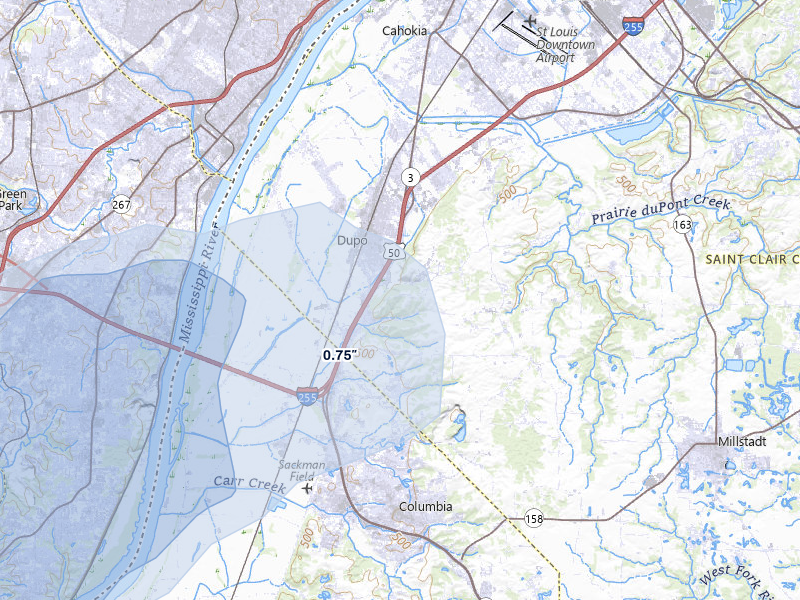 NEXRAD radar-signature map of the hail storm over East Carondelet, IL on May 18, 2026