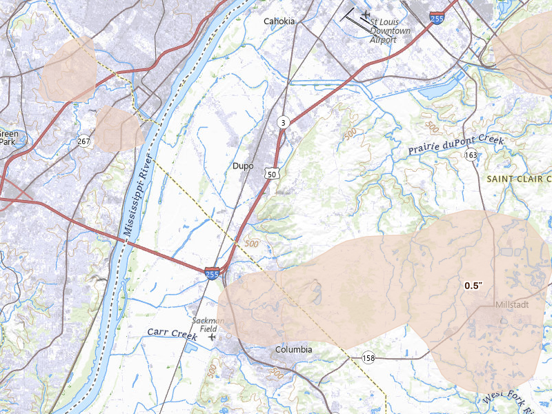 Radar-estimated hail-size map of the storm over East Carondelet, IL on May 31, 2026