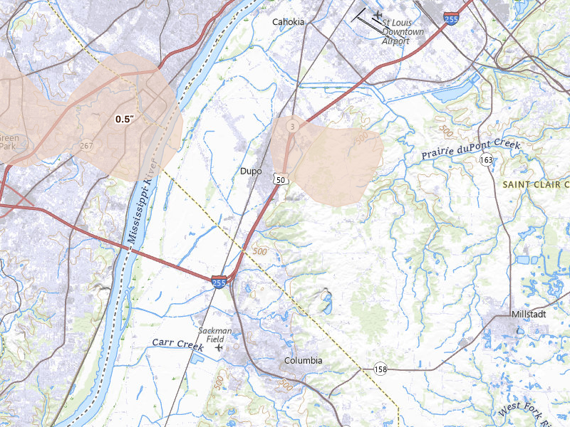 Radar-estimated hail-size map of the storm over East Carondelet, IL on Jun 11, 2026