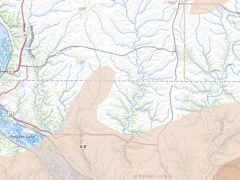 Radar-estimated hail-size map of the storm over East Dubuque, IL on Apr 17, 2026