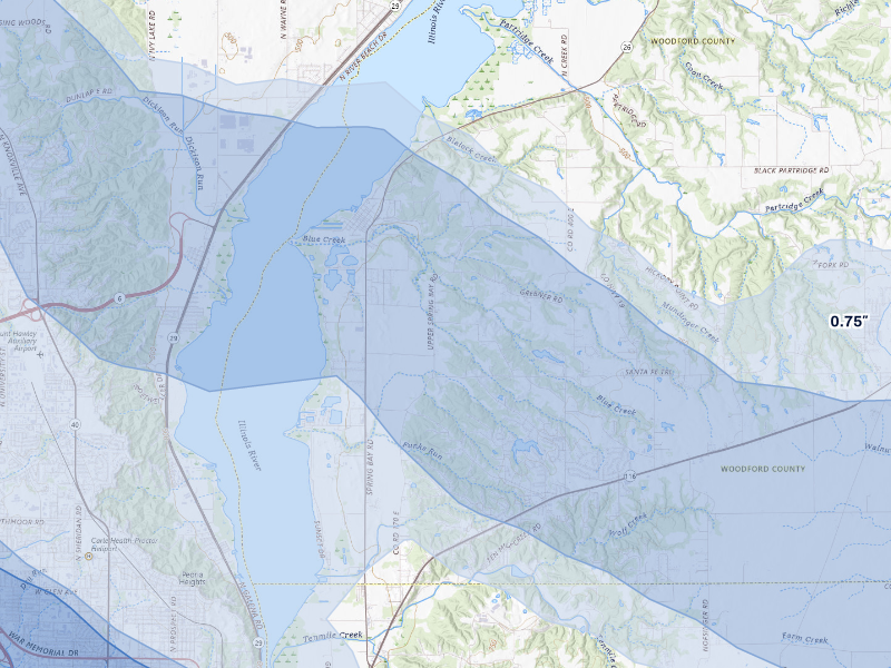 NEXRAD radar-signature map of the hail storm over East Peoria, IL on Aug 13, 2026