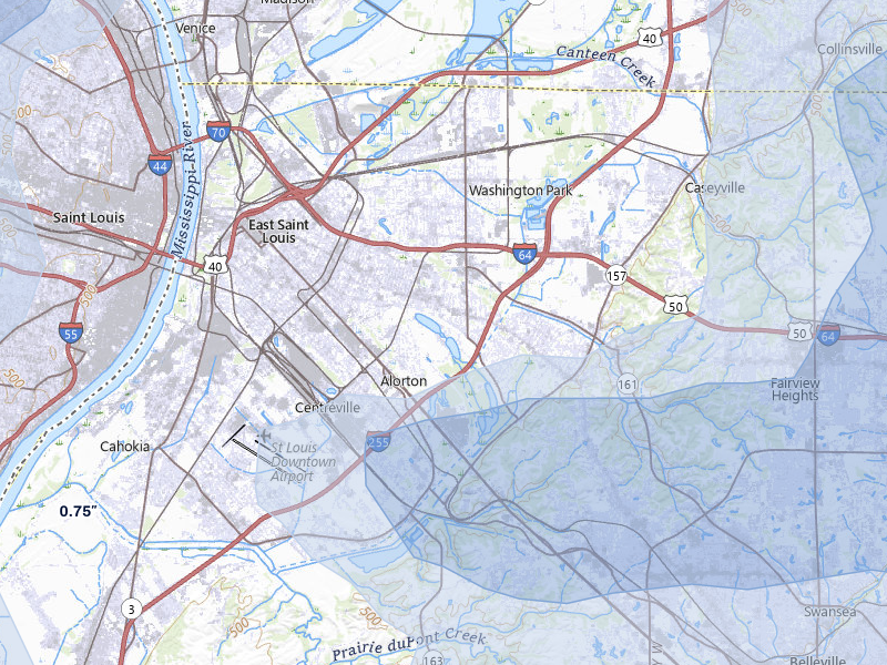 NEXRAD radar-signature map of the hail storm over East Saint Louis, IL on May 31, 2026