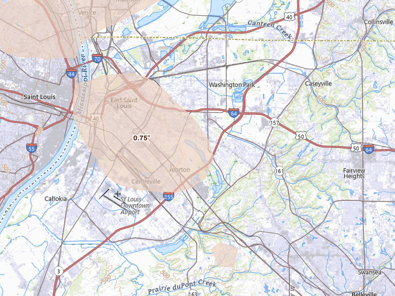 Radar-estimated hail-size map of the storm over East Saint Louis, IL on Jul 4, 2026