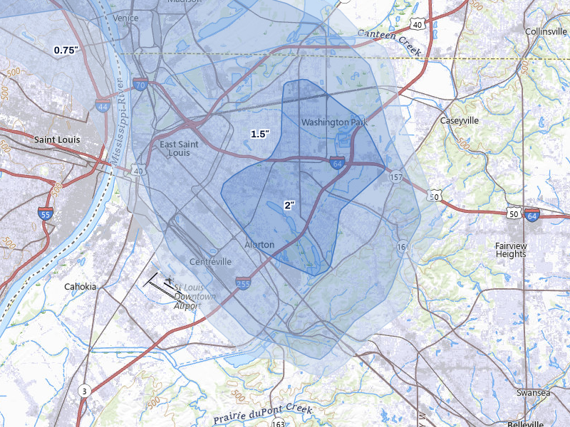 NEXRAD radar-signature map of the hail over East Saint Louis, IL