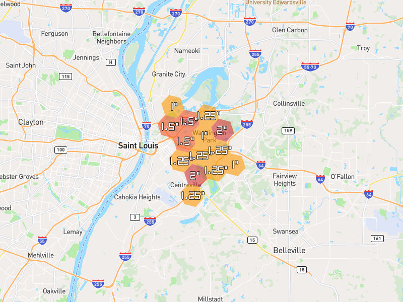 Hail map of East Saint Louis, IL on Jul 4, 2026, hail up to 2"