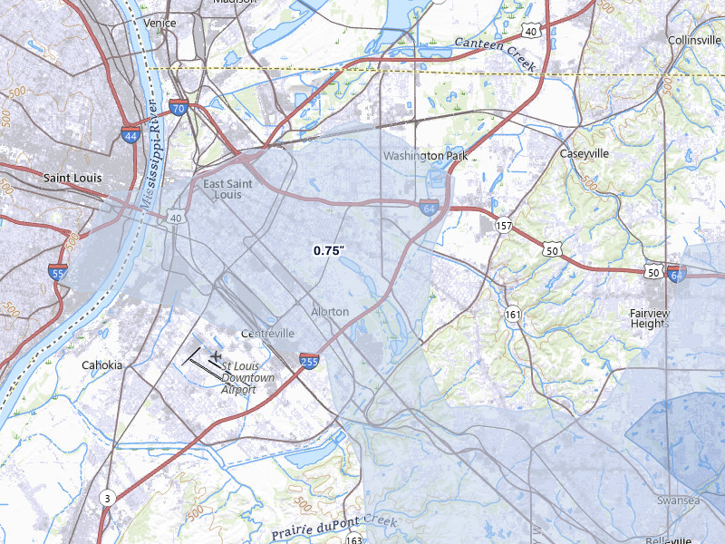 NEXRAD radar-signature map of the hail storm over East Saint Louis, IL on Jul 10, 2026