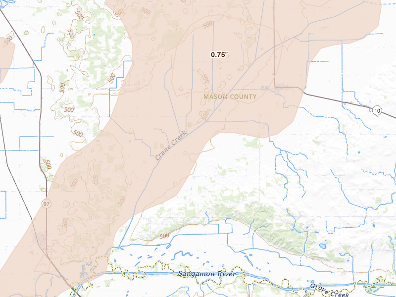 Radar-estimated hail-size map of the storm over Easton, IL on Mar 15, 2026