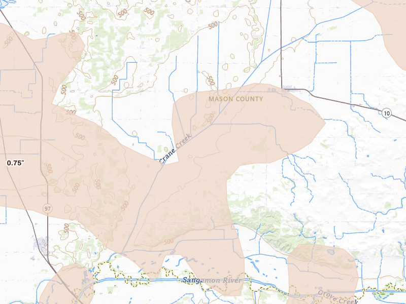 Radar-estimated hail-size map of the storm over Easton, IL on May 4, 2026