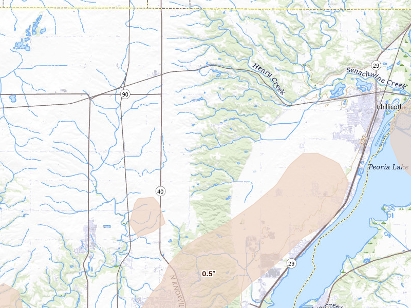 Radar-estimated hail-size map of the storm over Edelstein, IL on Apr 2, 2026