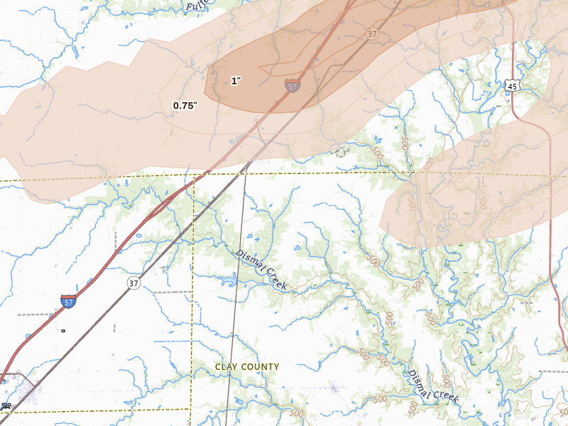 Radar-estimated hail-size map of the storm over Edgewood, IL on Feb 19, 2026