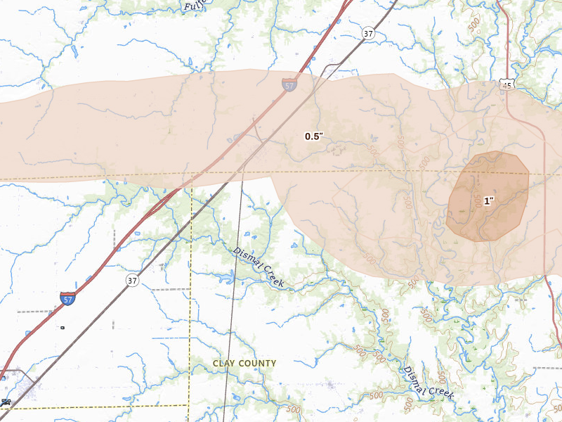 Radar-estimated hail-size map of the storm over Edgewood, IL on Mar 4, 2026