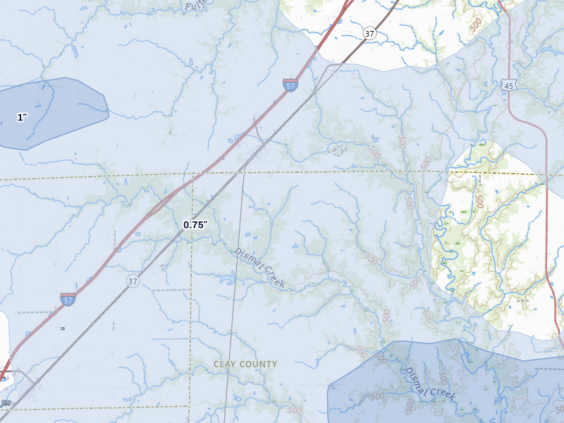 NEXRAD radar-signature map of the hail storm over Edgewood, IL on Apr 27, 2026