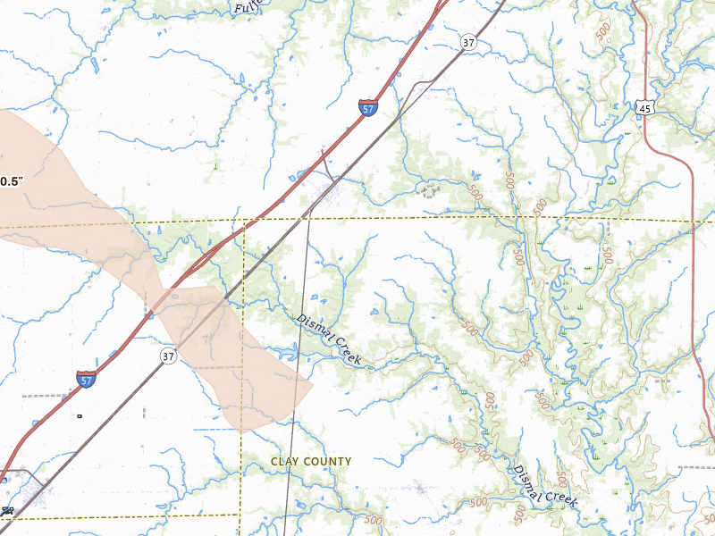 Radar-estimated hail-size map of the storm over Edgewood, IL on May 3, 2026