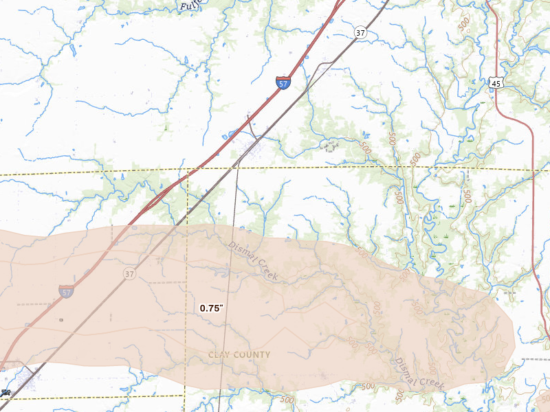 Radar-estimated hail-size map of the storm over Edgewood, IL on May 16, 2026