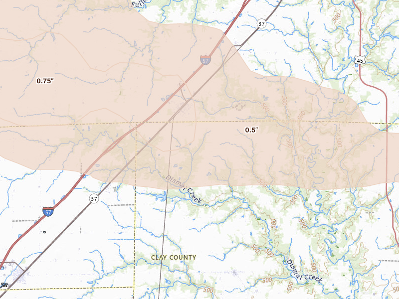 Radar-estimated hail-size map of the storm over Edgewood, IL on Jun 17, 2026