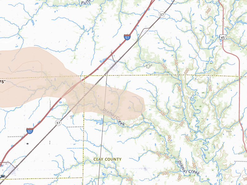 Radar-estimated hail-size map of the storm over Edgewood, IL on Jun 21, 2026