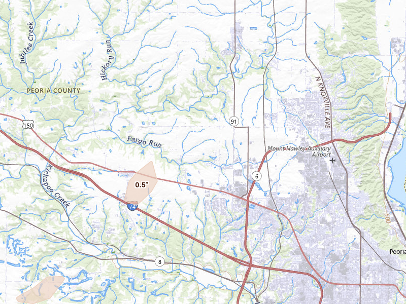 Radar-estimated hail-size map of the storm over Edwards, IL on Jul 10, 2026