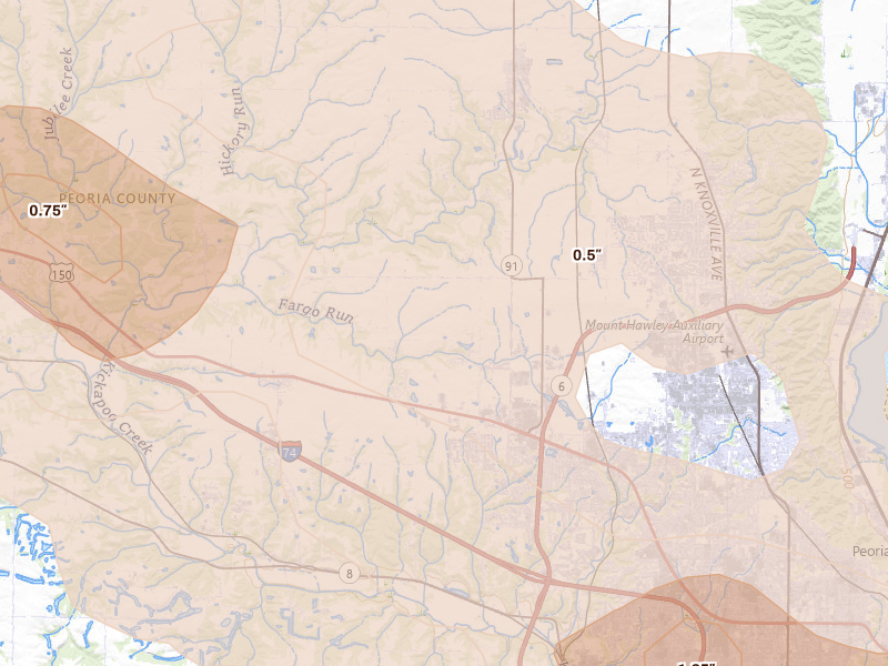 Radar-estimated hail-size map of the storm over Edwards, IL on Aug 13, 2026