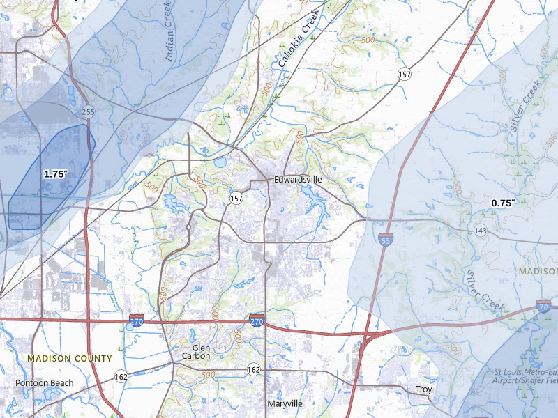 NEXRAD radar-signature map of the hail over Edwardsville, IL