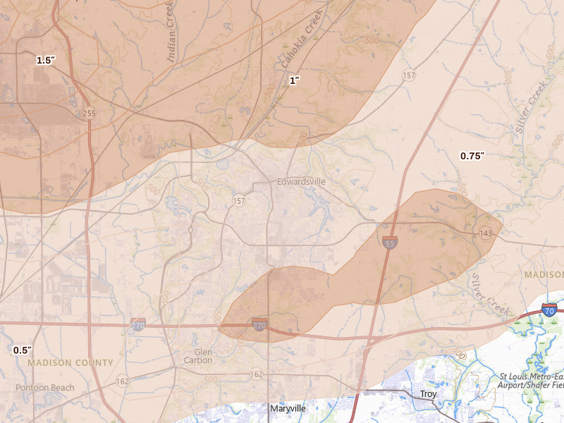 Radar-estimated hail-size map of the storm over Edwardsville, IL on Apr 27, 2026