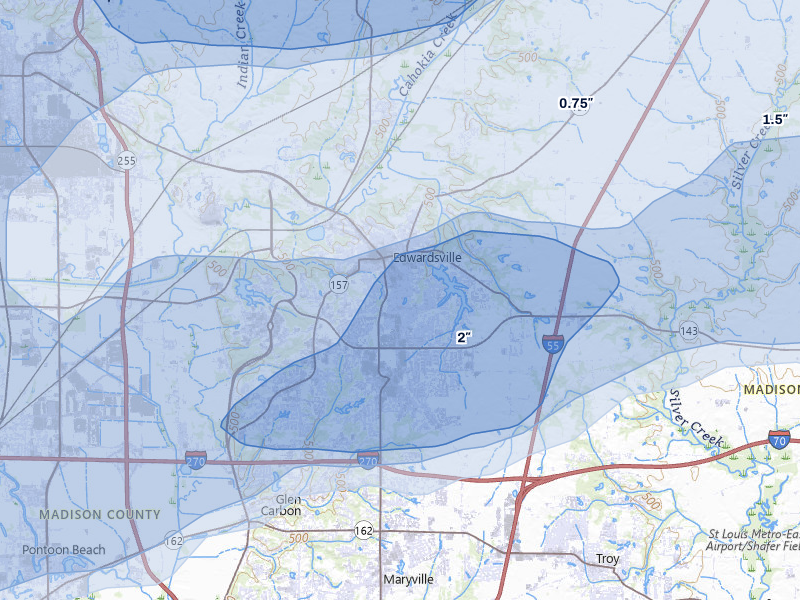 NEXRAD radar-signature map of the hail over Edwardsville, IL