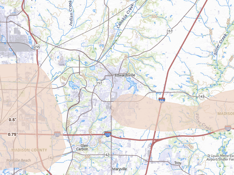 Radar-estimated hail-size map of the storm over Edwardsville, IL on May 31, 2026