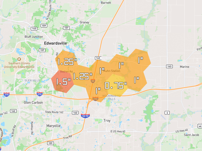 Hail map of Edwardsville, IL on Jun 1, 2026, hail up to 1.5"