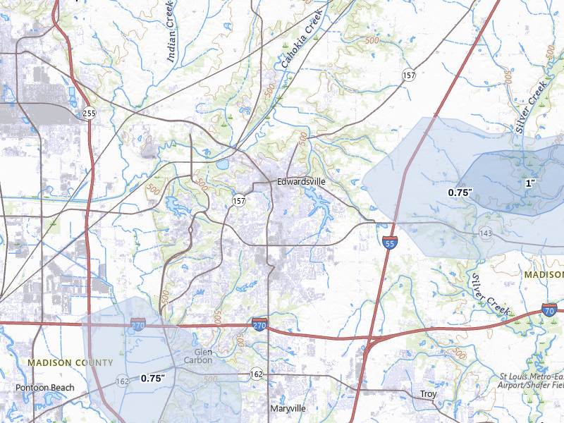 NEXRAD radar-signature map of the hail over Edwardsville, IL