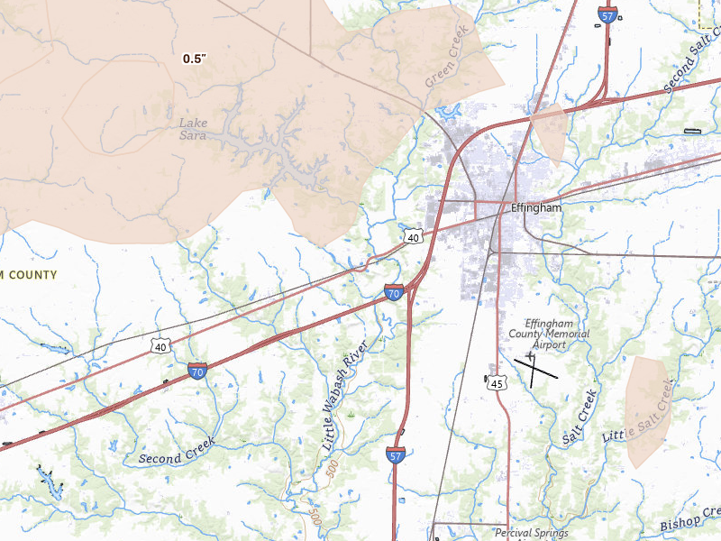 Radar-estimated hail-size map of the storm over Effingham, IL on Apr 27, 2026