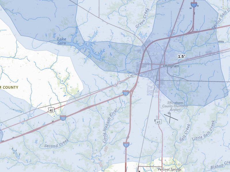 NEXRAD radar-signature map of the hail over Effingham, IL