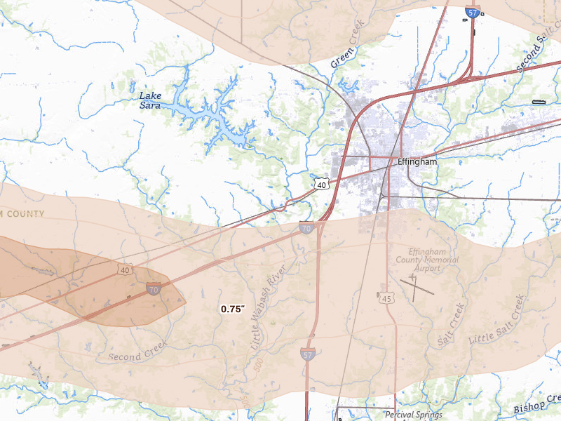 Radar-estimated hail-size map of the storm over Effingham, IL on Jun 17, 2026