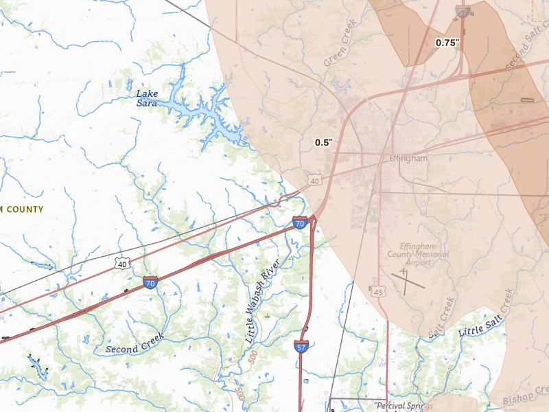 Radar-estimated hail-size map of the storm over Effingham, IL on Jul 26, 2026