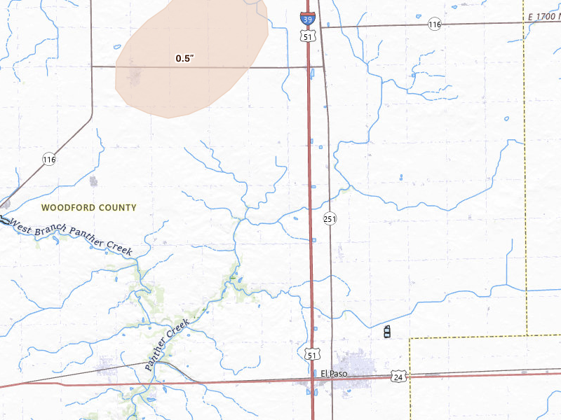 Radar-estimated hail-size map of the storm over El Paso, IL on Jul 4, 2026
