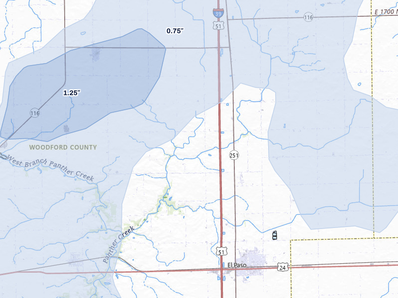 NEXRAD radar-signature map of the hail storm over El Paso, IL on Jul 4, 2026