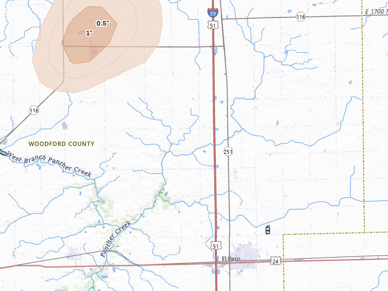 Radar-estimated hail-size map of the storm over El Paso, IL on Jul 9, 2026