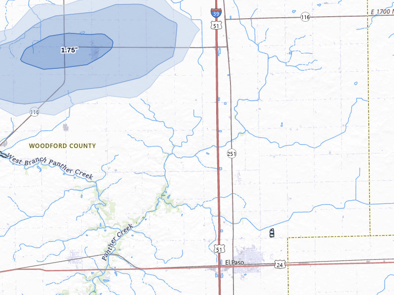 NEXRAD radar-signature map of the hail storm over El Paso, IL on Jul 9, 2026