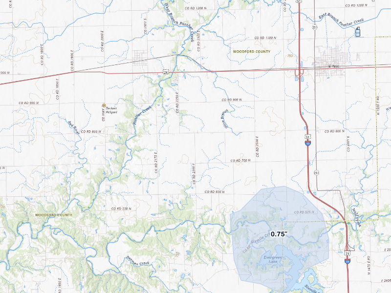 NEXRAD radar-signature map of the hail storm over El Paso, IL on Jul 10, 2026