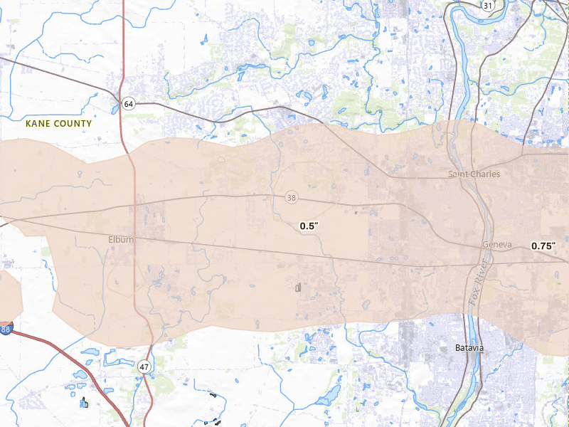 Radar-estimated hail-size map of the storm over Elburn, IL on Mar 30, 2026