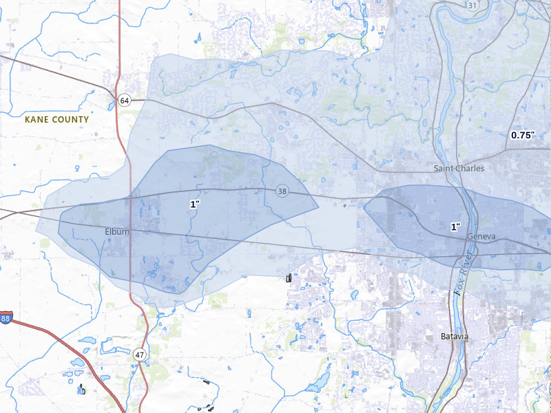 NEXRAD radar-signature map of the hail storm over Elburn, IL on May 4, 2026