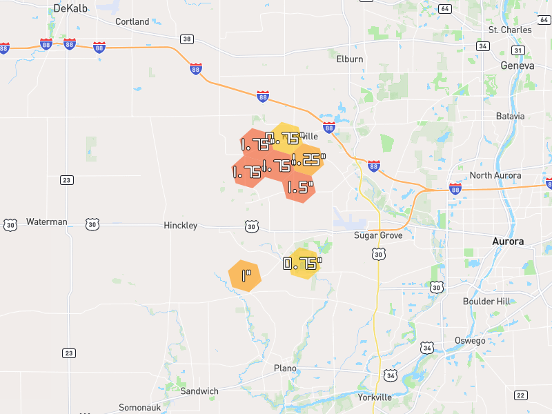 Hail map of Elburn, IL on Jul 4, 2026, hail up to 1.75"