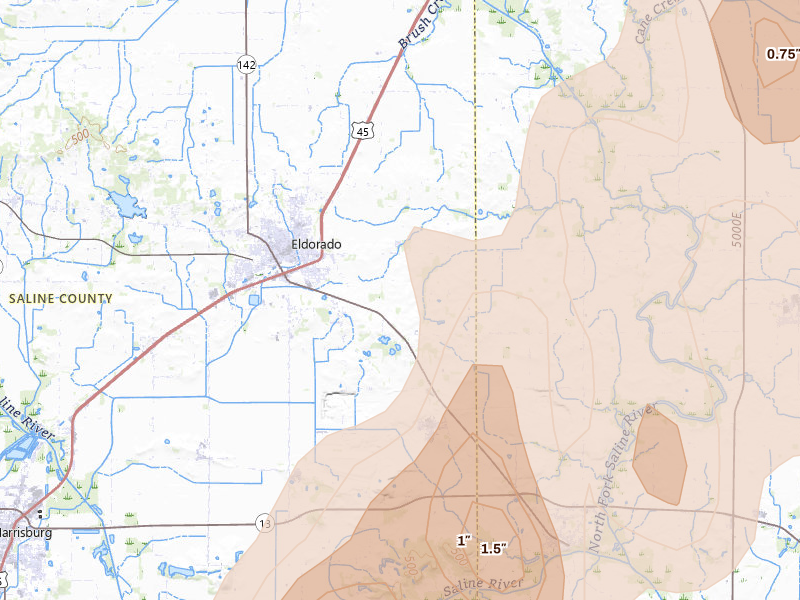 Radar-estimated hail-size map of the storm over Eldorado, IL on Apr 27, 2026