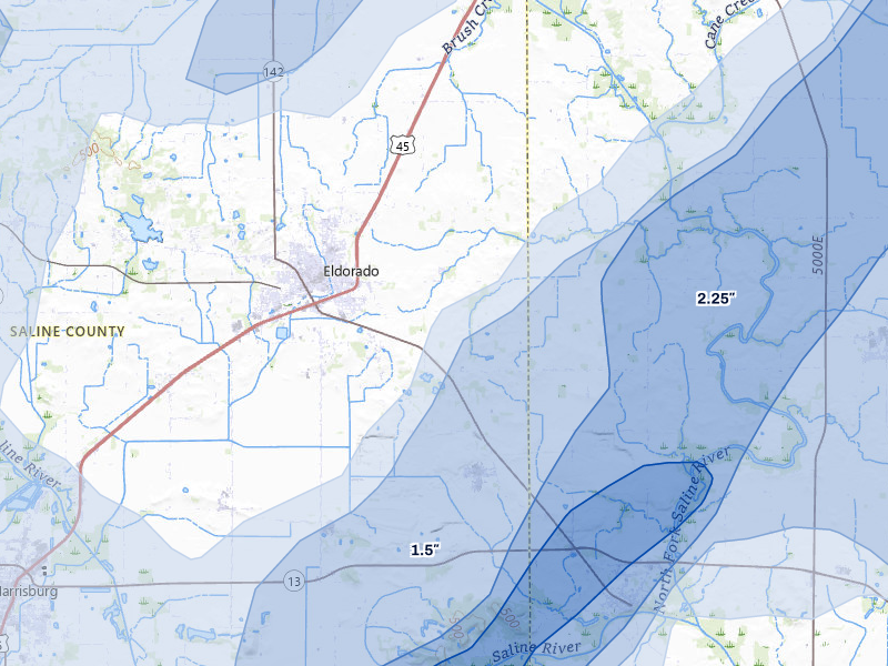 NEXRAD radar-signature map of the hail storm over Eldorado, IL on Apr 27, 2026