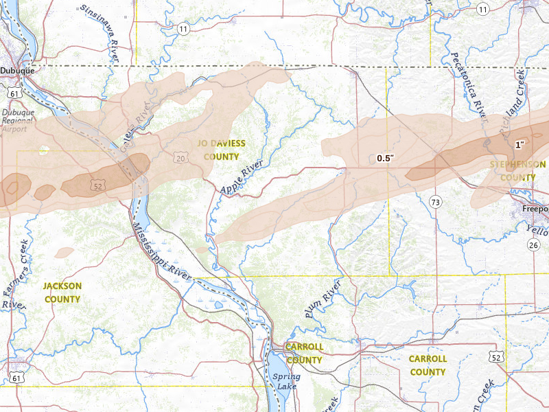 Radar-estimated hail-size map of the storm over Elizabeth, IL on Mar 10, 2026