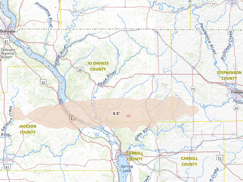 Radar-estimated hail-size map of the storm over Elizabeth, IL on Mar 30, 2026
