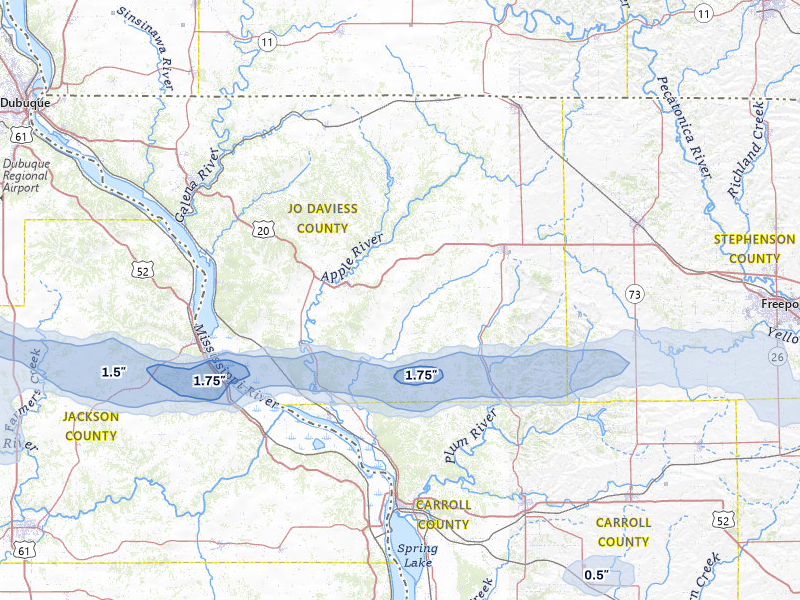 NEXRAD radar-signature map of the hail storm over Elizabeth, IL on Mar 30, 2026