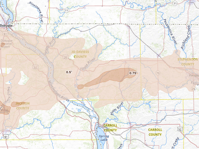 Radar-estimated hail-size map of the storm over Elizabeth, IL on Apr 14, 2026