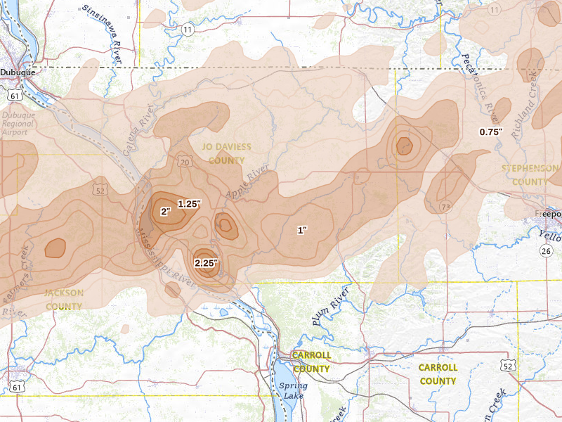 Radar-estimated hail-size map of the storm over Elizabeth, IL on Apr 17, 2026